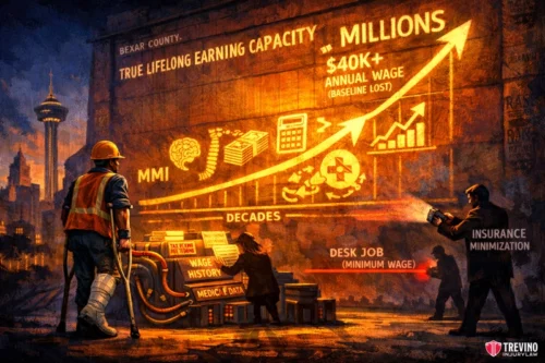 How are future lost wages and earning capacity calculated for permanent injuries? A worker in a hard hat looks at a glowing chart showing lost lifelong earnings over decades. The chart projects a sharp rise, with notes like “$40K+ annual wage baseline lost,” “Desk Job (Minimum Wage),” and “Insurance Minimization.” Two figures manipulate data.