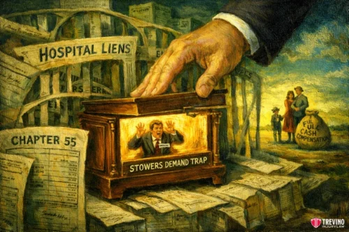 How do you force an uncooperative insurance company to settle your medical liens? A large hand traps a distressed man inside a box labeled “Stowers Demand Trap.” Papers labeled “Hospital Liens” and “Chapter 55” surround the scene. In the distance, a happy family stands near a sack reading “Full Cash Compensation.” The Trevino Injury Law logo appears.