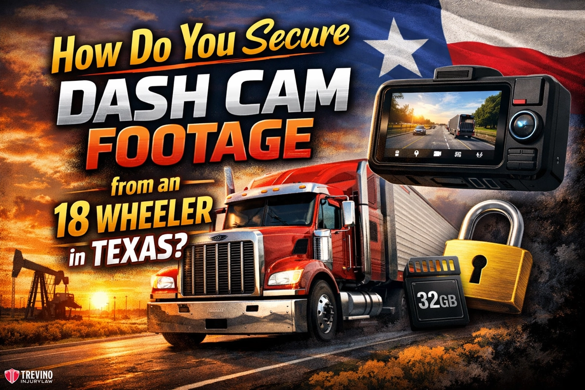 How-do-you-secure-dash-cam-footage-from-an-18-Wheeler-in-Texas. A red 18-wheeler truck drives on a rural road at sunset. Inset shows a dash cam displaying a road view, a lock, and a 32GB memory card. Large bold text asks, "How do you secure dash cam footage from an 18-wheeler in Texas?" A Texas flag waves in the background.