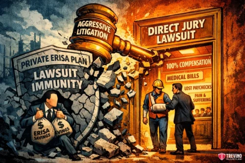 How does a Texas non subscriber employer change who pays your hospital bills? An illustrated scene shows a worker with his arm in a sling entering a door labeled “Direct Jury Lawsuit,” offering compensation and benefits, while a giant gavel smashes through a “Private ERISA Plan Lawsuit Immunity” wall, revealing hidden savings and aggressive litigation.