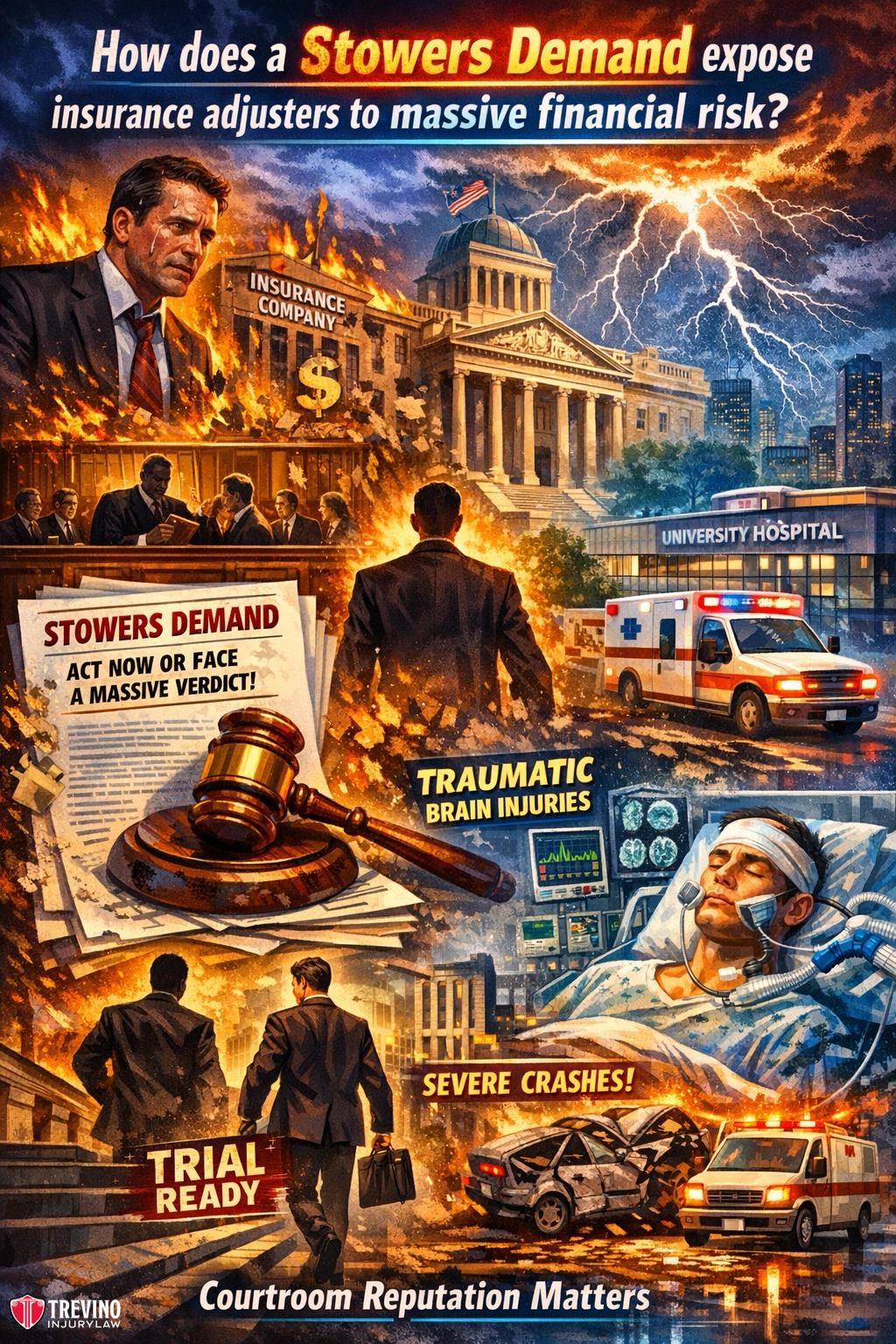 How-does-a-stowers-demand-expose-insurance-adjusters-massive-financial-risk. A dramatic collage illustrating a lawyer in a suit amid flames, a courthouse, burning insurance building, ambulance at a hospital, a gavel, a crash scene, and an injured man in a hospital bed, highlighting financial risk, injury, and courtroom drama in Stowers Demand cases.