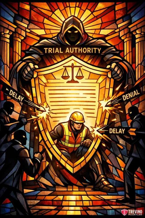 How does immediate legal intervention protect your right to file a Texas construction lawsuit? A stained-glass-style image shows a construction worker shielded by a glowing legal document labeled "TRIAL AUTHORITY," held by a hooded figure. Dark figures labeled "DELAY" and "DENIAL" try attacking, but the shield protects the worker from harm.