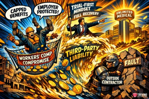 How does third party liability differ from employer workers compensation? A dynamic comic-style image contrasts “Workers’ Comp Compromise”—workers safely in a net labeled “capped benefits, employer protected”—against “Third-Party Liability”—an outside contractor in armor facing a gold-coin wave labeled “fault” and “unlimited medical.”.