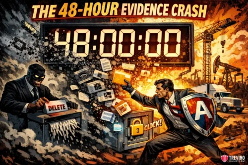 How fast does the 48 hour evidence decay window close on Texas worksites? Comic-style scene of a masked villain shredding files labeled "DELETE" while a heroic figure with a shield marked "A" blocks digital evidence (emails, folders) from being destroyed. A giant countdown clock reads 48:00:00; industrial cranes loom in the background.