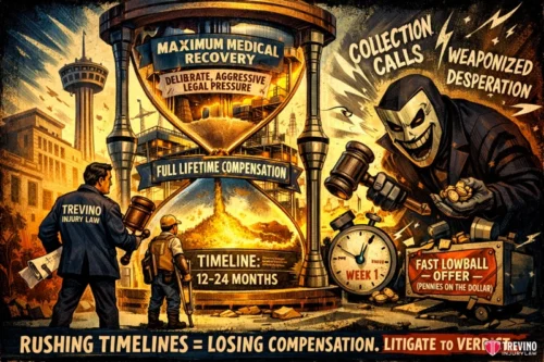 How long does it take to secure a financial settlement for a construction injury? An illustrated scene compares two legal paths: on the left, a lawyer seeks maximum medical recovery and full compensation over 12–24 months; on the right, a sinister figure offers a fast, lowball settlement and makes collection calls. Bold text warns against rushing timelines.