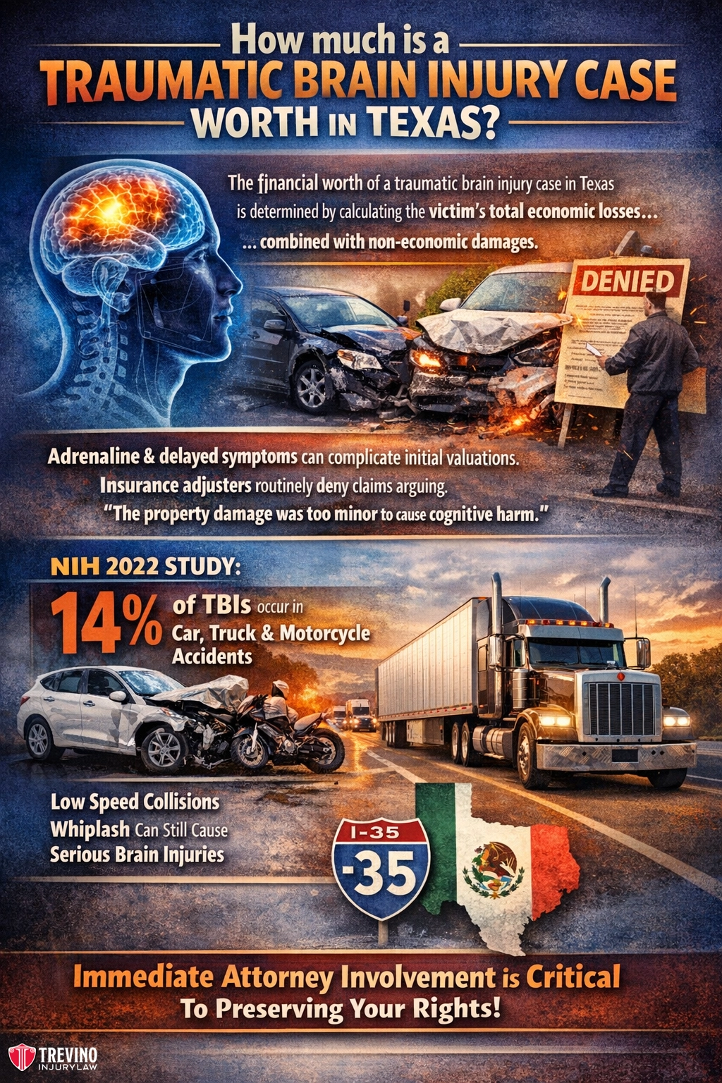 How-much-is-a-traumatic-brain-injury-case-worth-in-texas. Infographic with a brain and insurance imagery, discussing traumatic brain injury case worth in Texas. Highlights claim challenges, effects of symptoms, insurance denials, NIH 2022 stats, accident types, and stresses immediate attorney involvement.