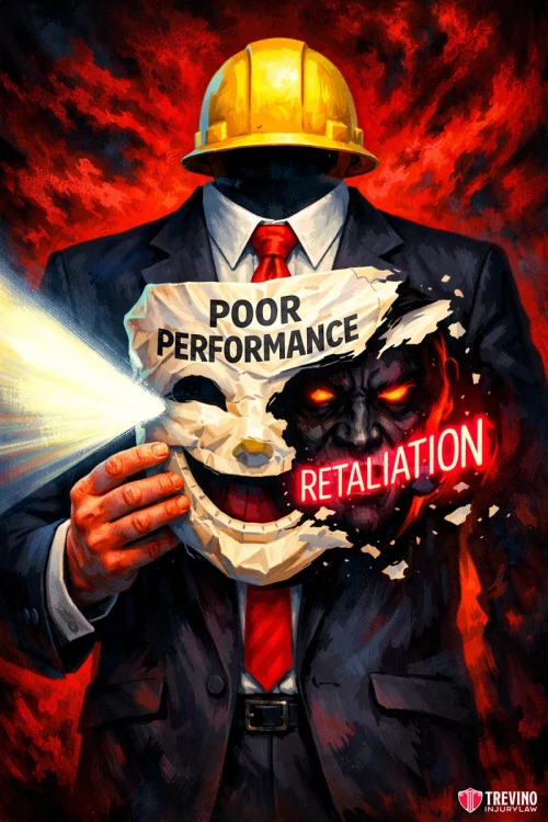 How to Prove Wrongful Termination After aSan Antonio Construction Accident? A faceless man in a suit and hard hat holds a cracked white mask labeled "POOR PERFORMANCE," revealing a sinister, dark face with glowing eyes behind it. The cracked mask emits light, and "RETALIATION" glows red on the darker face.