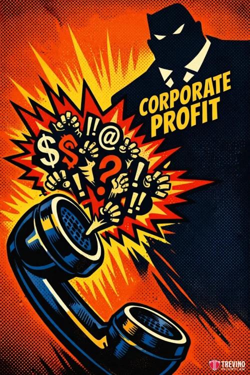 Insurance Company Tactics Designed to Minimize Your Settlement. A comic-style image shows a dark, imposing figure labeled "CORPORATE PROFIT" looming over an old-fashioned phone exploding with angry symbols ($, @, !, fists). Bright orange and yellow bursts emphasize tension and aggression.