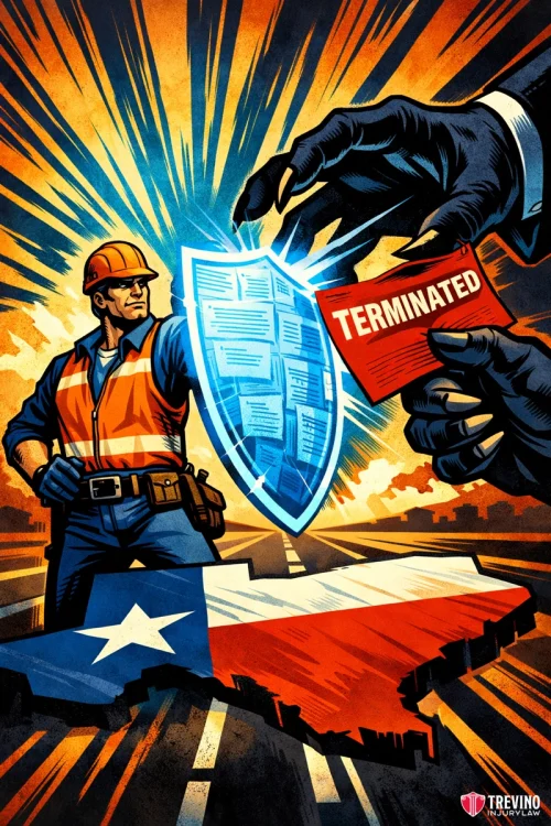 Is It Illegal to Fire a Construction Worker for Reporting an Injury in Texas? A construction worker in a hard hat and safety vest holds a glowing shield of documents, blocking a giant hand offering a red "TERMINATED" card. They stand over a Texas-shaped map with a Texas flag design. The scene is dynamic and vibrant, with bold lines and dramatic lighting.