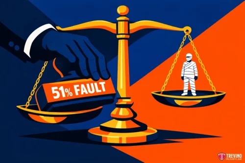 Is a Pedestrian Automatically at Fault for Jaywalking or Darting Out in Texas? An illustration shows a gold balance scale. One side holds a sign reading "51% FAULT" pressed down by a large hand, weighing more than the other side, which holds a bandaged figure. The background is blue and orange, with a logo reading "Trevino Injury Law.