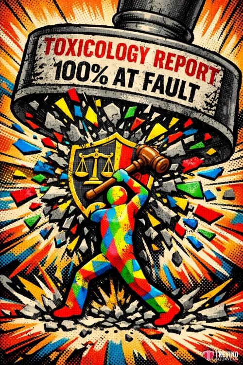 Is a Pedestrian Automatically at Fault if They Were Intoxicated When Hit? A colorful figure with a gavel holds up a justice shield as a giant stamp labeled “TOXICOLOGY REPORT 100% AT FAULT” crashes down, shattering the background with comic-style bursts and bold colors, symbolizing defense against damning evidence.