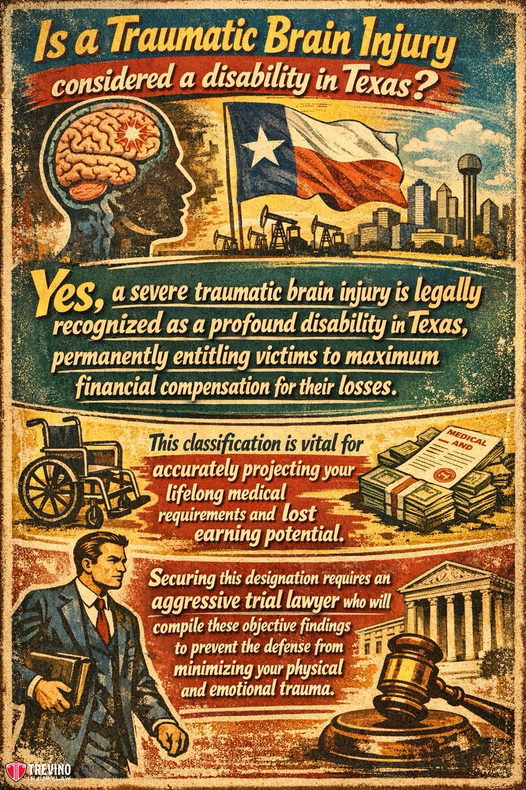 A vintage-style poster explains that severe traumatic brain injury is a legally recognized disability in Texas, featuring images of a brain, Texas flag, doctor, money, and courthouse, with highlighted text about legal and financial rights for victims.