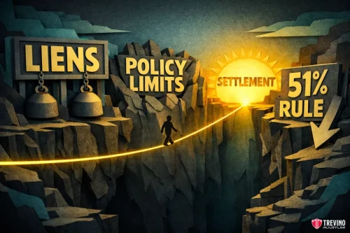 Key Factors That Determine a Pedestrian Settlement Amount. A person walks on a glowing tightrope over a canyon. On one side are weights labeled “LIENS” and “POLICY LIMITS”; on the other is a rising sun labeled “SETTLEMENT” and a sign reading “51% RULE.” The Trevino Injury Law logo is in the corner.