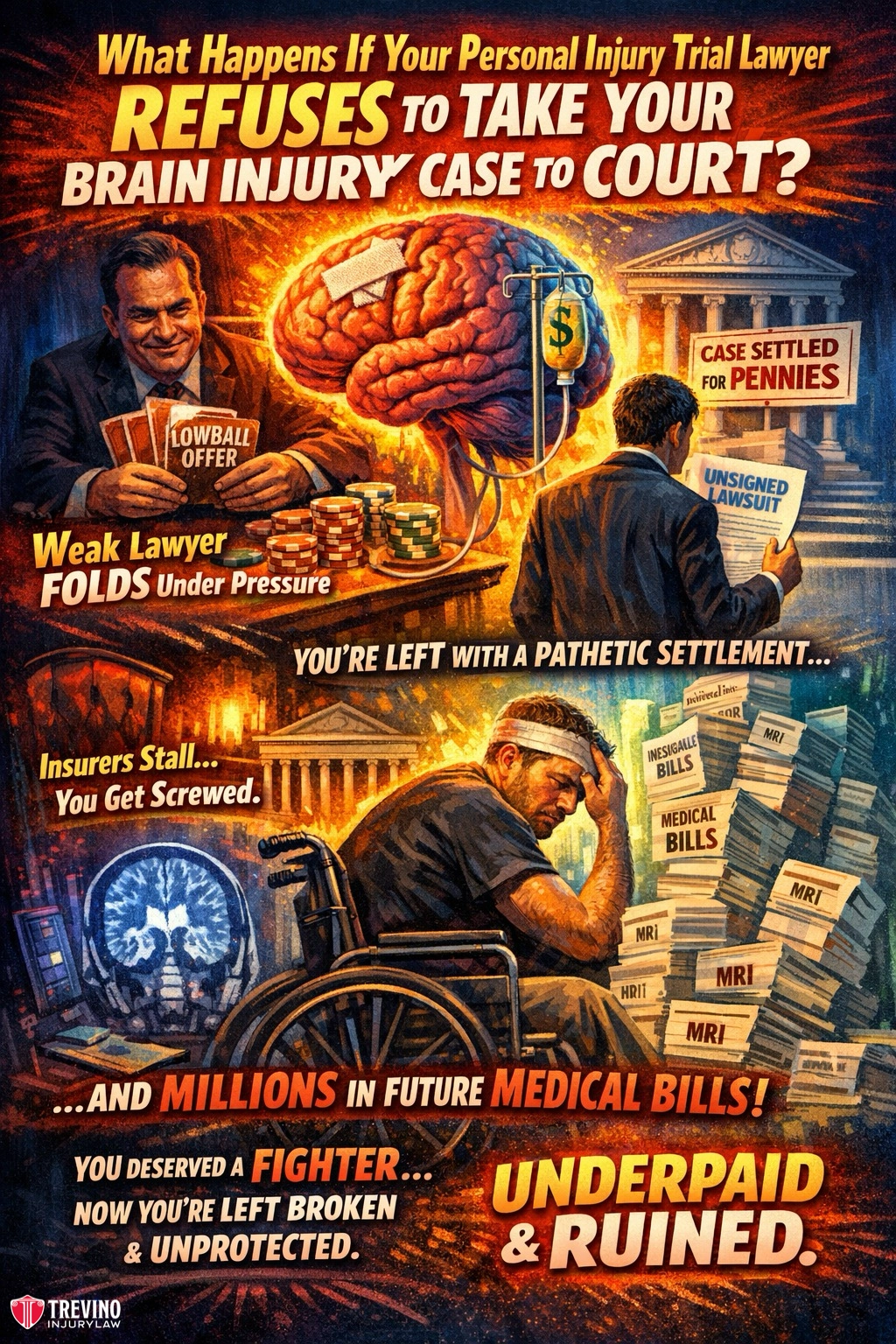 Lawyer-refuse-to-take-your-brain-injury-case. A comic-style poster shows a brain in a lawyer's hand, clients distressed with bills, and a man in a wheelchair. Text warns of weak lawyers settling brain injury cases for low amounts, leading to underpayment, ruined lives, and huge future medical bills.
