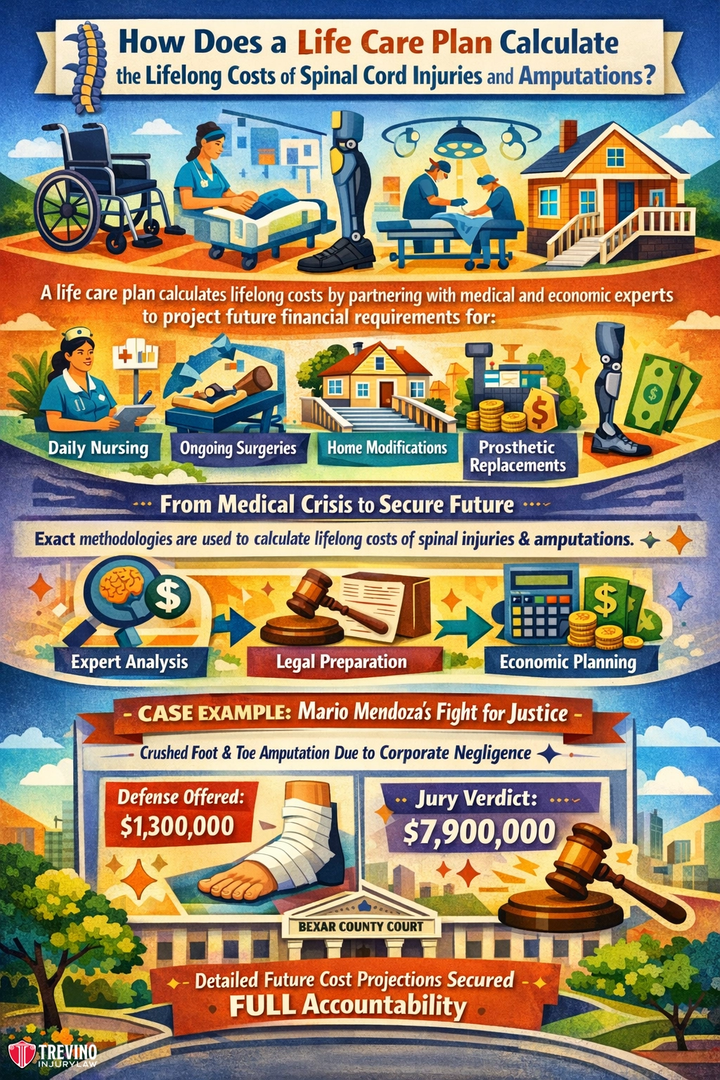 Life-Care-plan-. Colorful infographic shows a wheelchair user, family, and professionals. It details life care plan costs for spinal injuries, including nursing, prosthetics, and therapy. It cites a $7.9M court verdict and highlights medical, legal, and economic assessments.