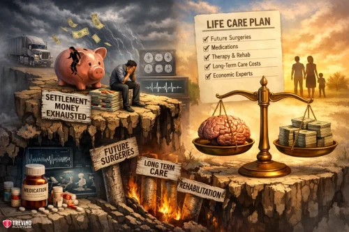 Life-Care-plan-18-wheeler. A distressed man sits beside an empty piggy bank labeled “Settlement Money Exhausted,” surrounded by bills and dark clouds. Below him are signs for “Future Surgeries,” “Long Term Care,” and “Rehabilitation.” On the right, a golden scale balances a brain and money, next to a checklist titled “Life Care Plan” with items like “Future Surgeries,” “Medications,” and "Long-Term Care Costs.” In the background, a silhouette family walks toward a bright horizon.