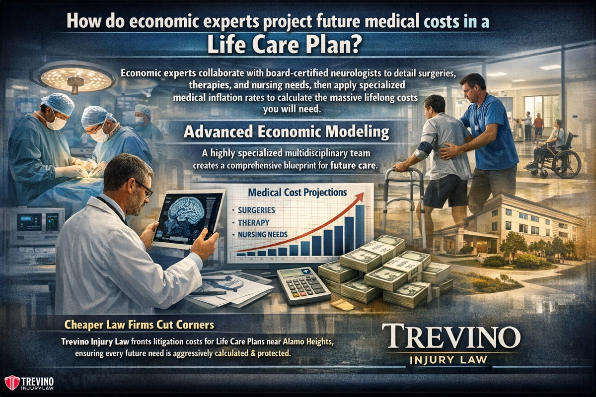 Life-Care-plan. A team of doctors and economists analyze medical data and calculations. A graph labeled "Medical Cost Projections" shows rising costs for surgeries, therapy, and nursing. Stacks of cash appear near documents. Text explains how experts estimate future medical costs. Trevino Injury Law logo.