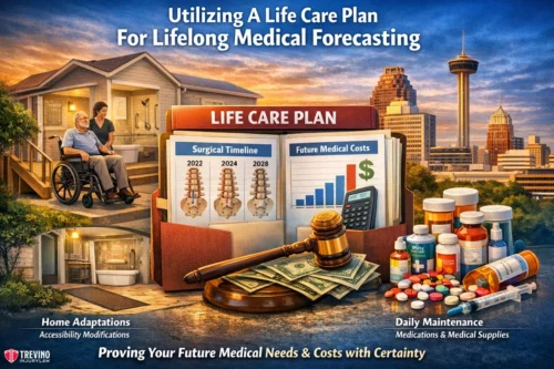 Life-care-plan-18-wheeler. A visual depicting "Utilizing A Life Care Plan for Lifelong Medical Forecasting," showing a couple at home, medication, medical supplies, charts, and a gavel, symbolizing medical costs, home adaptations, and daily maintenance needs.