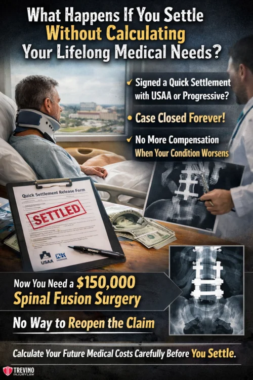 Lifelong-medical-needs A man wearing a neck brace sits with medical papers labeled "SETTLED." Behind him, a doctor holds an X-ray of a spinal fusion. Overlay text warns about settling without calculating lifelong medical needs, listing risks like expensive surgery and closed cases.