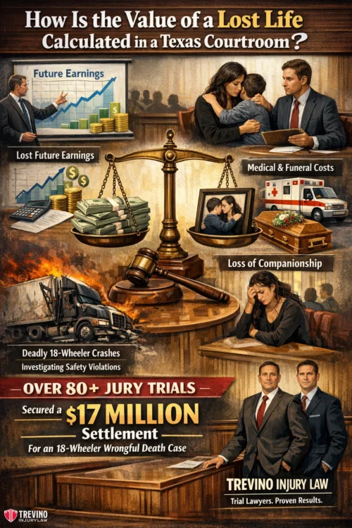 Lost-life-value-texas-18-wheeler. Infographic illustrates how lost life value is calculated in Texas courts, showing future earnings, funeral costs, loss of companionship, crash scene, scales of justice, courtroom, and attorneys. Highlights an $18-wheeler crash, $17 million settlement, and law firm branding.