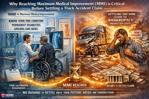 MMI-Truck-Claim. A split-scene infographic shows a doctor consulting a man in a wheelchair with X-rays and charts (left: “MMI Reached”) and a crashed truck with bills, bankruptcy sign, and surgery costs (right: “Ready to Settle Claim”). Hourglass and warning emphasize timing in settlement.