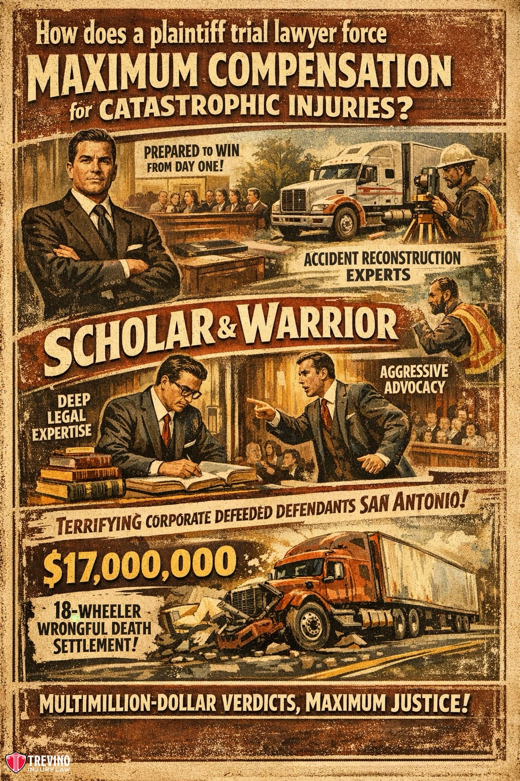 Maximum-compensation-truck-accident. Vintage-style legal advertisement showing: an attorney speaking to a client, an accident reconstruction scene with experts, lawyers arguing in court, and a dramatic truck crash. Bold text highlights $17,000,000 settlement for an 18-wheeler case and maximum justice.