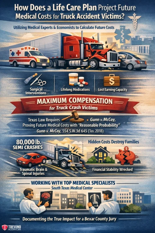 Medical-costs-truck-accident . Infographic titled “How Does a Life Care Plan Project Future Medical Costs for Truck Accident Victims?” shows injured person, doctors, ambulance, truck crash, and charts. It details crash stats, severe injuries, financial loss, and expert witness benefits for legal cases.