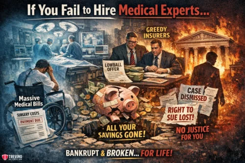 Medical-experts-truck-accident. A distressed patient in a wheelchair faces massive medical bills in a chaotic hospital scene. Greedy insurers offer a lowball payment while a piggy bank is smashed, symbolizing lost savings. Legal papers read "Case dismissed" and "No justice for you!" Bold text warns of lifelong financial ruin.