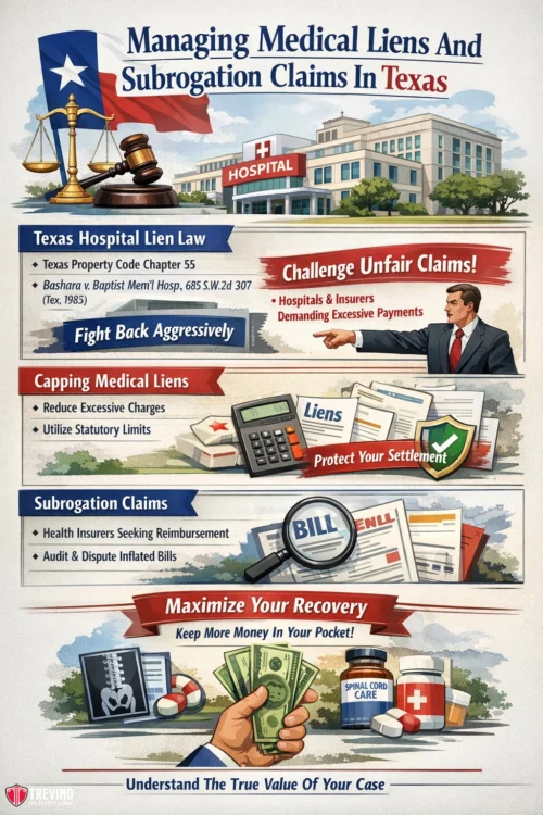 Medical-liens-18-wheeler Infographic titled "Managing Medical Liens and Subrogation Claims in Texas" shows a hospital, legal icons, cash, a shield, and stressed people. It lists Texas hospital lien law, capping medical liens, subrogation claims, and maximizing recovery for legal cases.