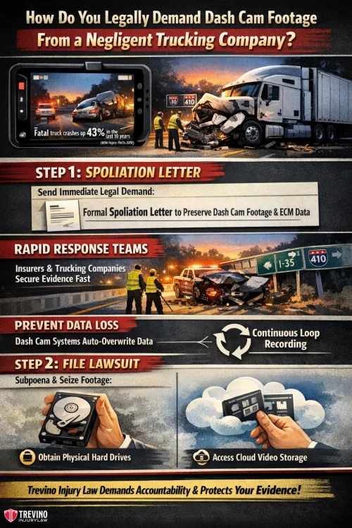 Negligent-rucking-company. Infographic on demanding dash cam footage from trucking companies. Shows a truck crash, steps: send a spoliation letter to preserve camera data, prevent data loss, then file a lawsuit for evidence. Includes icons and urgent visual aids. Trevino Injury Law branding at bottom.