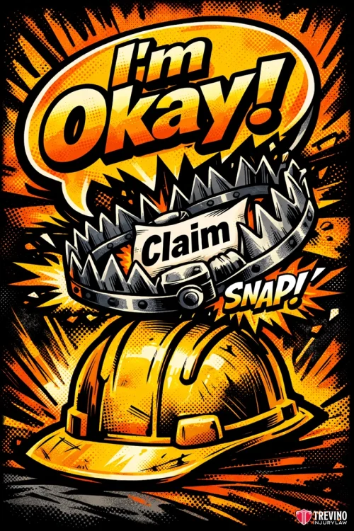 Never Say Im Okay or Apologize to Your Site Superintendent. A comic-style image shows a yellow hard hat caught in a snapping bear trap labeled “Claim.” Above, bold text reads “I’m Okay!” in orange and yellow, with “SNAP!” at the bottom, all set against an explosive, dramatic background.