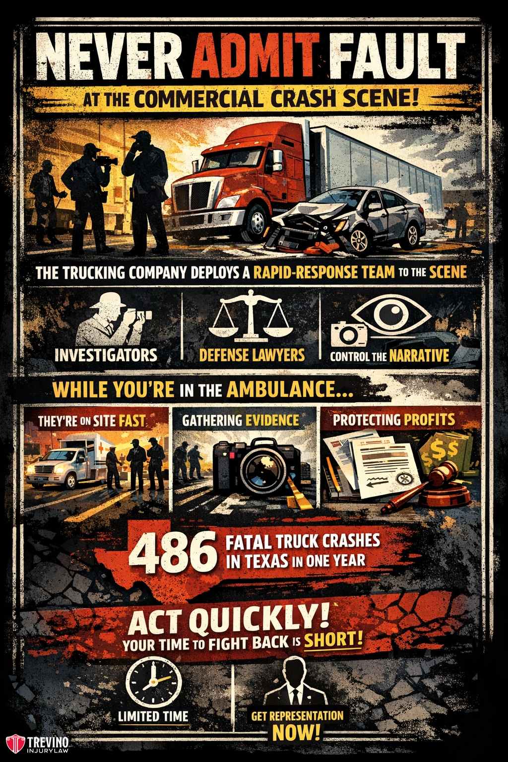 Never-admit-fault. A dramatic infographic warns not to admit fault at commercial crash scenes. It features a red semi-truck, investigators, lawyers, and emphasizes rapid response, evidence gathering, protecting profits, and urges quick legal action after truck crashes in Texas.