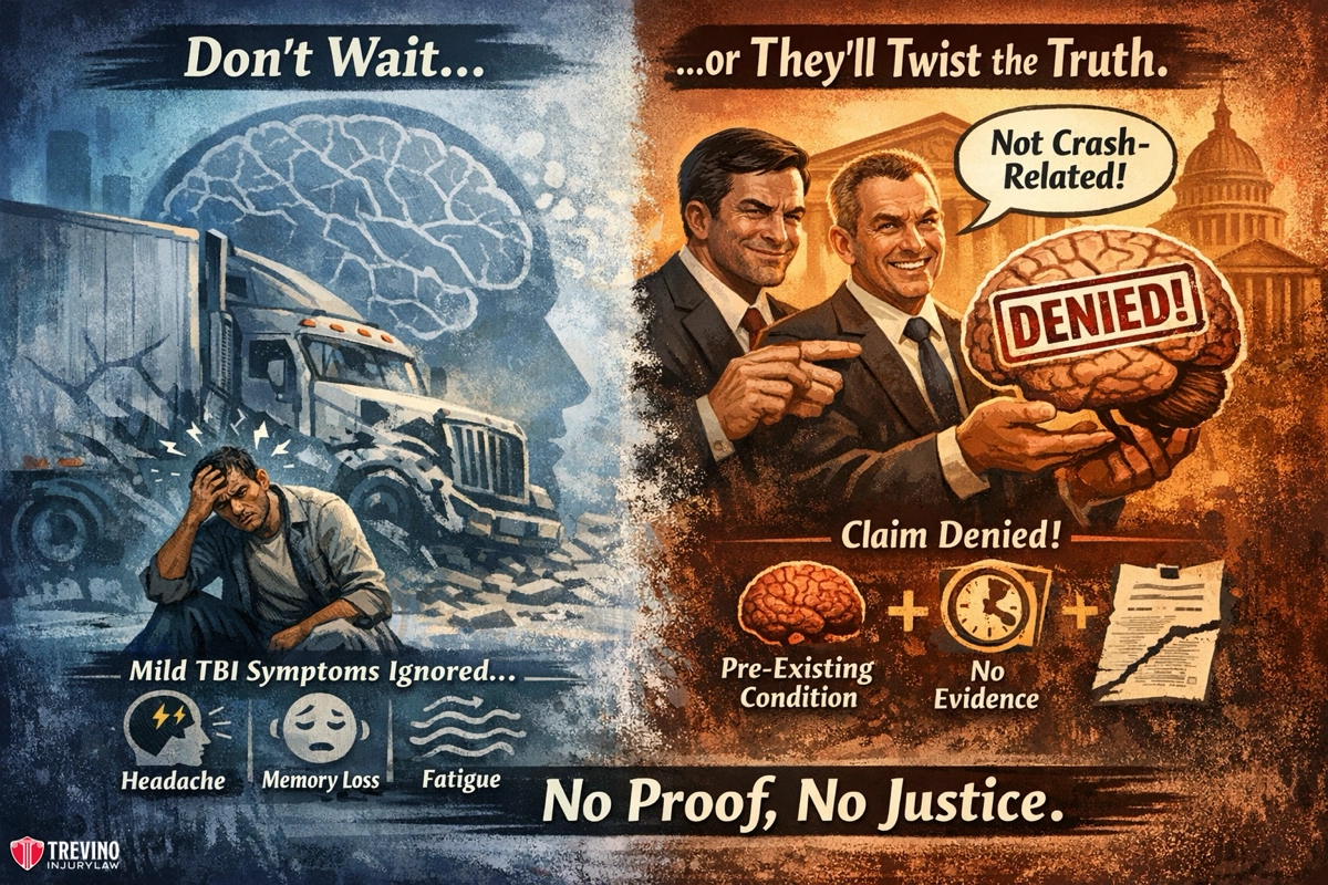 A split image: left side shows a distressed man by a crashed semi-truck, brain illustration above, listing "Headache, Memory Loss, Fatigue" as ignored mild TBI symptoms. Right side depicts smiling men in suits denying a brain injury claim, labels: "Denied!" and "No Proof, No Justice.