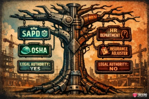 Only First Responders and OSHA Can Legally Demand Your Immediate Statement. A mechanical tree with six signboards: left side shows SAPD, OSHA, and "Legal Authority: YES" on green signs; right side shows HR Department, Insurance Adjuster, and "Legal Authority: NO" on brown signs. Construction cranes in the background.