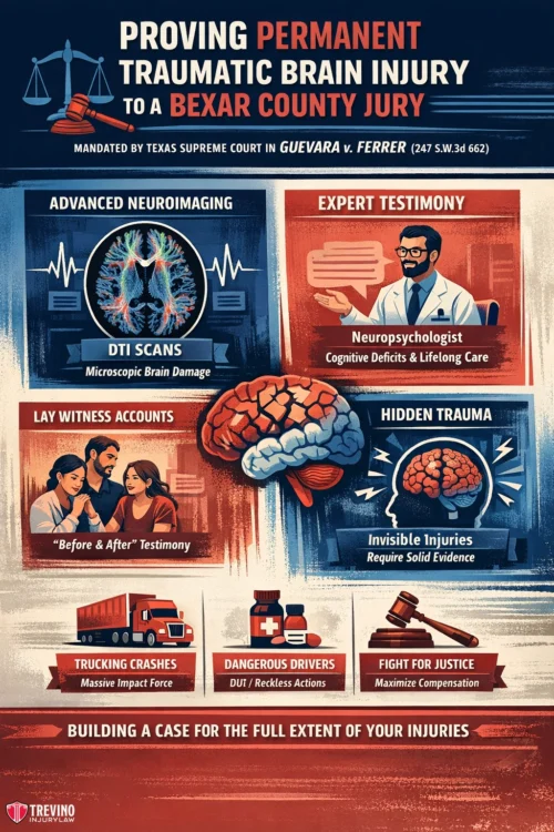 Permanent-traumatic-brain-injury-truck-accident. Legal infographic titled “Proving Permanent Traumatic Brain Injury to a Bexar County Jury.” Features illustrated brains, DTI scans, legal icons, trucks, cars, and highlighted steps: neuroimaging, expert testimony, witness accounts, and hidden trauma.