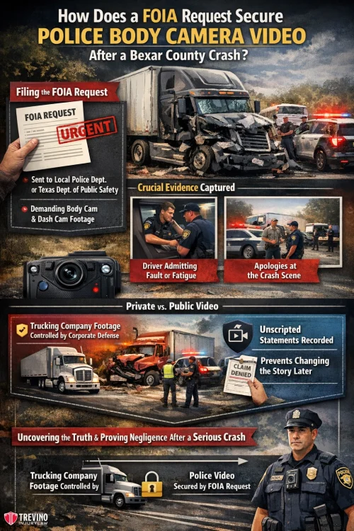 Police-body-camera-video-18-wheeer. Infographic showing steps to secure police body camera video after a crash. Visuals include crashes, police, body cam footage, FOIA request forms, and icons highlighting differences between private trucking company footage and public body cam video.