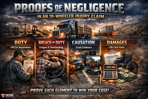 Proofs-of-negligence-18-wheeler A split-image shows an 18-wheeler truck accident. Four labeled sections—Duty, Breach of Duty, Causation, Damages—use icons like safety rules, tired driver, crash evidence, and bills, illustrating steps to prove negligence in an injury claim.