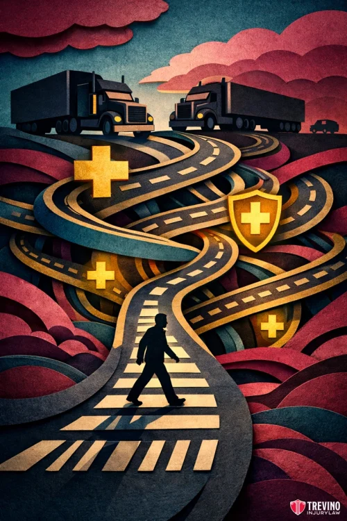 Real San Antonio Pedestrian Accident Settlement Values and Verdicts. A stylized illustration shows a person walking on a crosswalk toward winding roads with medical crosses and shield icons. Two trucks face each other atop the roads amid dramatic clouds, symbolizing safety and transportation.