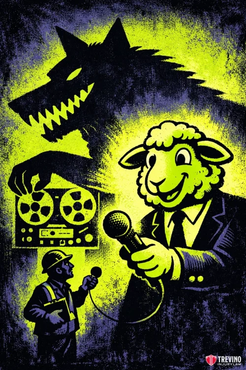 Refuse All Recorded Statements Requested by Commercial Insurance Adjusters. A dark, menacing wolf's shadow looms behind a smiling sheep in a suit who holds a microphone and secretly controls a tape recorder. Below, a small human reporter interviews the sheep. The image has a yellow and black color scheme and a gritty, textured look.