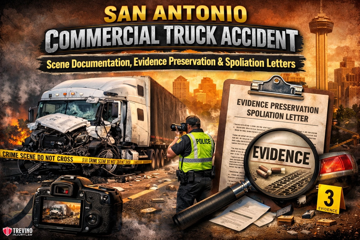 San-Antonio-Commercual-truck-accident. A damaged semi-truck is behind yellow police tape and debris. A police officer photographs the scene. A clipboard titled “Evidence Preservation Spoliation Letter” and a magnifying glass over the word “Evidence” are in the foreground, with the San Antonio skyline in the background.