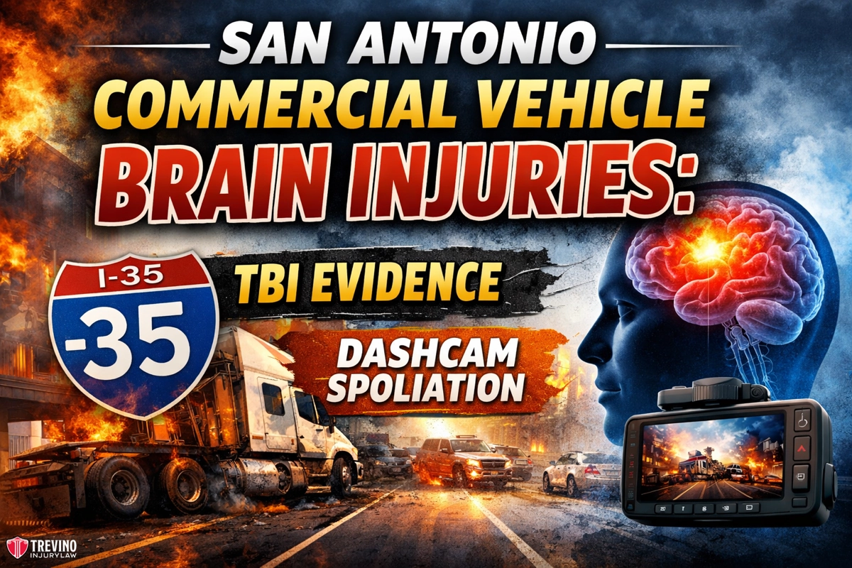 San-Antonio-commercial-vehicle-brain-injuries-TBI-evidence. A dramatic image shows fiery truck crashes on a highway with smoke, an I-35 sign, a digital outline of a head with a glowing brain, and a dashcam. Bold text reads: "San Antonio Commercial Vehicle Brain Injuries: TBI Evidence Dashcam Spoliation.