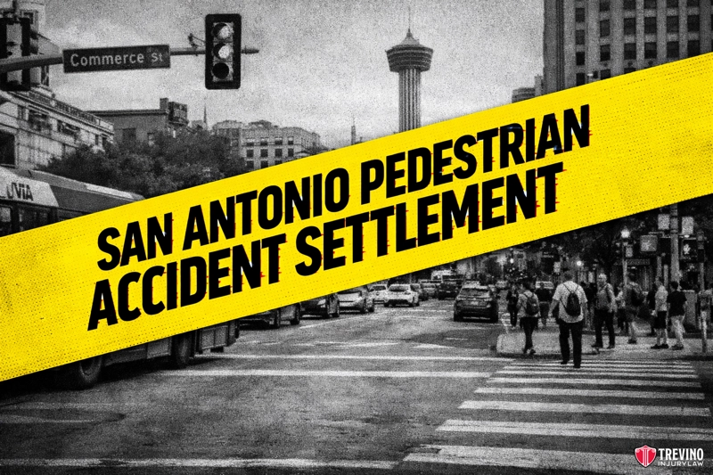 San Antonio pedestrian accident settlement. A busy San Antonio intersection with pedestrians crossing the street and buildings in the background. A yellow banner across the image reads "San Antonio Pedestrian Accident Settlement." The Trevino Injury Law logo appears in the lower right corner.