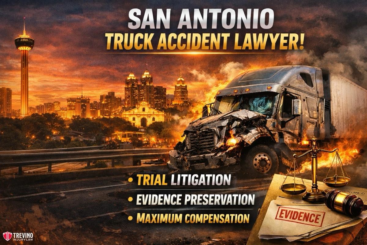San-Antonio-truck-accident-lawyer. A large, damaged semi-truck sits on a highway with the San Antonio skyline and sunset in the background. Text reads: “San Antonio Truck Accident Lawyer! Trial litigation, evidence preservation, maximum compensation.” Scales of justice and evidence folder shown.