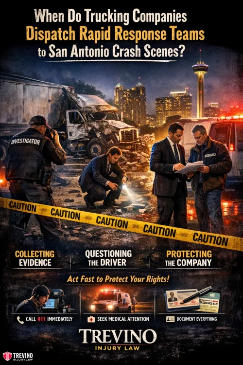 San-antonio-crash-scenes. A nighttime crash scene near a city skyline. Investigators examine a wrecked truck; two suited men talk beside a clipboard. Yellow caution tape crosses the scene. Text describes legal steps and promotes Trevino Injury Law with urgent icons for calling, seeking care, and documenting.