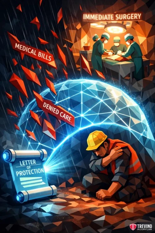 Securing Immediate Surgical Care with a Letter of Protection LOP. A construction worker sits injured in the rain, shielded by a glowing digital dome blocking red shards labeled “Medical Bills” and “Denied Care.” Above, doctors perform surgery under “Immediate Surgery.” A scroll labeled “Letter of Protection” emits the shield.