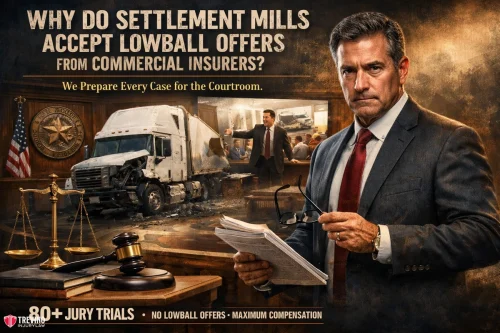 Settlement-Mill-lowball-offers. A serious man in a suit stands in a courtroom with law books, a gavel, and legal documents. Behind him, a large photo shows a truck crash. Text reads, “Why do settlement mills accept lowball offers from commercial insurers?” and promotes courtroom preparation and jury trials.