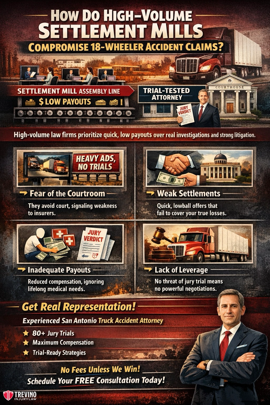 Settlement-mills. An infographic titled "How Do High-Volume Settlement Mills Compromise 18-Wheeler Accident Claims?" shows a lawyer in a suit, icons of trucks, courtrooms, judges, money, and legal documents, explaining how assembly-line law firms weaken accident claims.