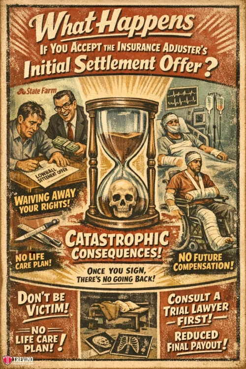 Settlement-offer. A vintage-style poster warns of accepting an initial settlement offer from an insurance adjuster. It features an hourglass, injured people, worried faces, and phrases like “Catastrophic Consequences!” and “No Life Care Plan!” urging consultation with a trial lawyer first.