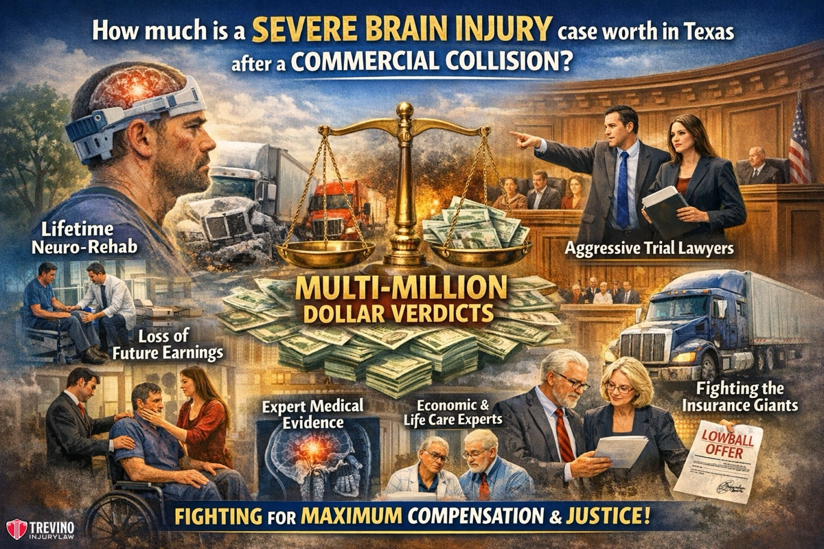 A dramatic illustration showing a man with a brain injury in a hospital gown, trucks colliding, lawyers in court, and experts reviewing documents. A golden scale balances money stacks. Text highlights multi-million verdicts for severe brain injury cases in Texas.