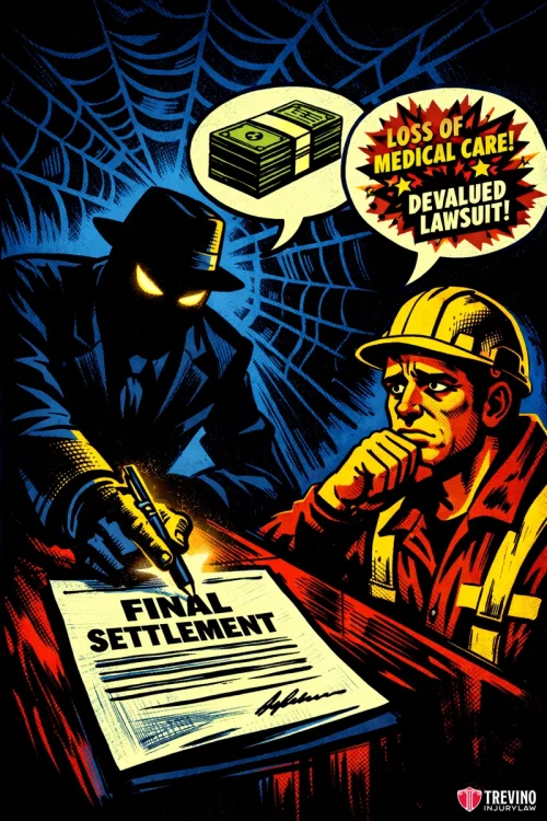 Should you accept a workers compensation settlement before finishing your third party lawsuit? A suspicious figure in a hat and trench coat signs a “FINAL SETTLEMENT” paper for a construction worker. Speech bubbles warn “LOSS OF MEDICAL CARE!” and “DEVALUED LAWSUIT!” Money and a web loom above, evoking a sense of danger and entrapment.